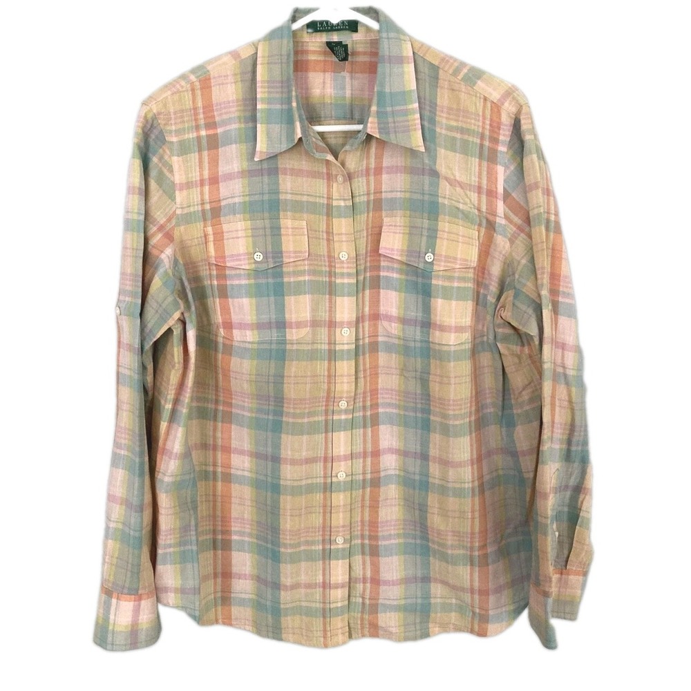 Lauren Ralph Lauren Shirt Women 1X Linen Blend Plaid Multicolor Long Sleeve EUC